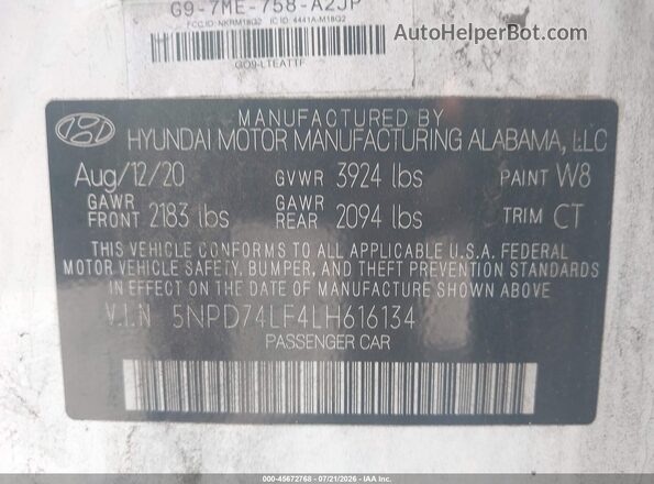 5NPD74LF4LH616134 2020 HYUNDAI ELANTRA White Շարժիչի բաժամունքի տեսք
