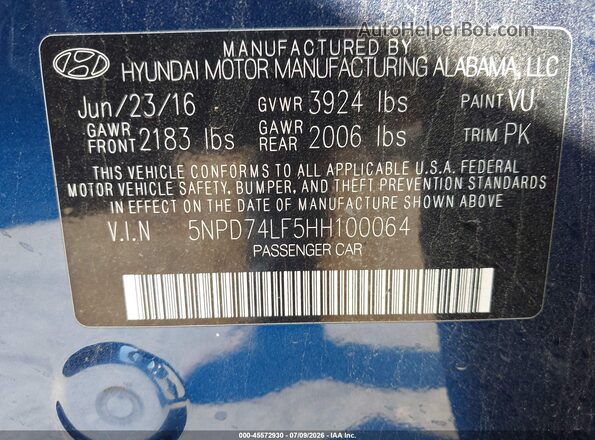 5NPD74LF5HH100064 2017 HYUNDAI ELANTRA Blue Вид підкапотного простору