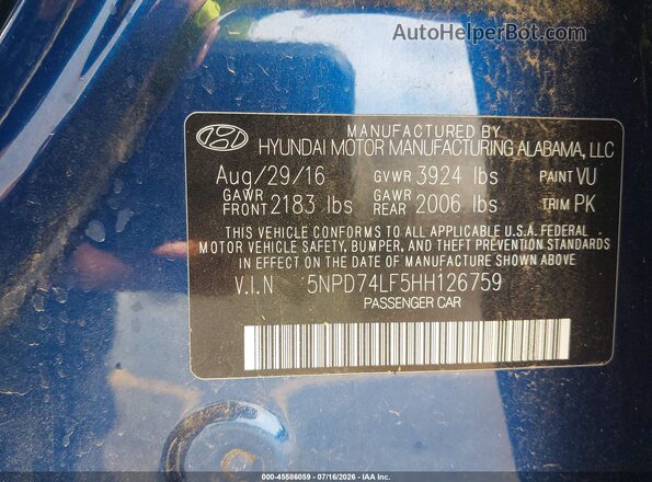 5NPD74LF5HH126759 2017 HYUNDAI ELANTRA Blue ძრავის განყოფილების ხედი