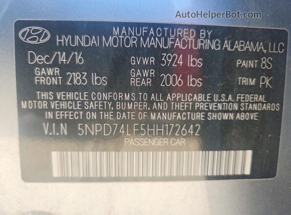 5NPD74LF5HH172642 2017 HYUNDAI ELANTRA Silver Widok naklejki z numerem VIN