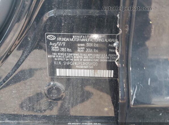 5NPD74LF5JH259320 2018 HYUNDAI ELANTRA Черный Вид подкапотного пространства