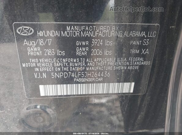 5NPD74LF5JH264436 2018 HYUNDAI ELANTRA Black Engine compartment view