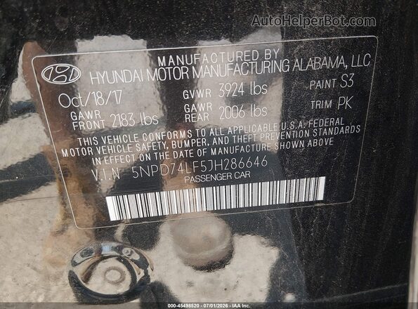5NPD74LF5JH286646 2018 HYUNDAI ELANTRA Black Вид підкапотного простору