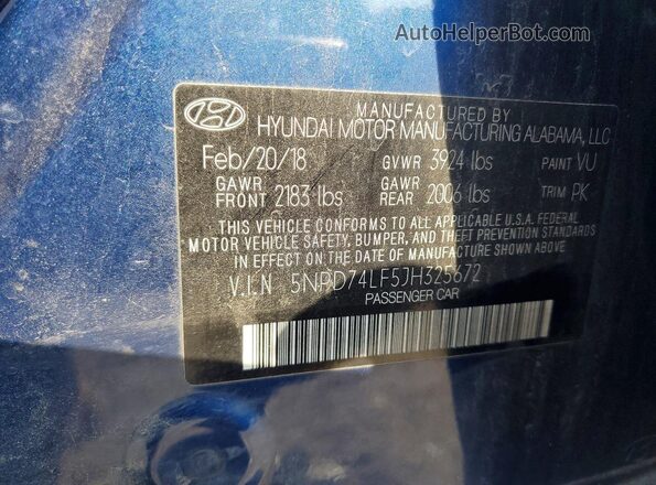 5NPD74LF5JH325672 2018 HYUNDAI ELANTRA Blue ძრავის განყოფილების ხედი