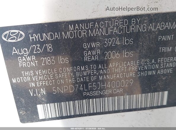 5NPD74LF5JH400029 2018 HYUNDAI ELANTRA White Widok komory silnika
