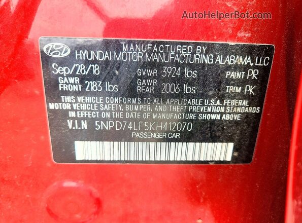 5NPD74LF5KH412070 2019 HYUNDAI ELANTRA Красный Вид подкапотного пространства