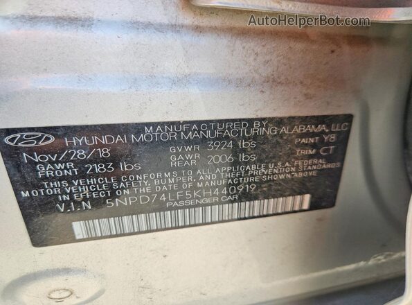 5NPD74LF5KH440919 2019 HYUNDAI ELANTRA Silver Widok wnętrza 360 stopni