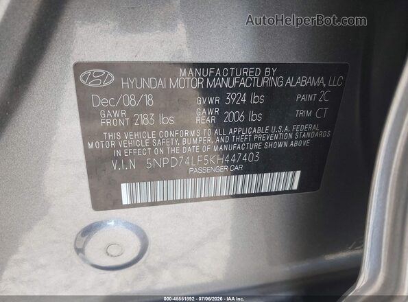 5NPD74LF5KH447403 2019 HYUNDAI ELANTRA Silver Engine compartment view