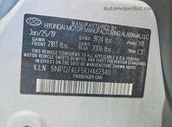 5NPD74LF5KH462340 2019 HYUNDAI ELANTRA Серебряный Вид подкапотного пространства
