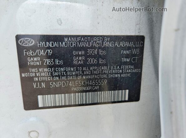 5NPD74LF5KH465559 2019 HYUNDAI ELANTRA White Շարժիչի բաժամունքի տեսք