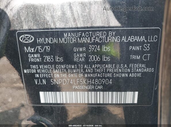 5NPD74LF5KH480904 2019 HYUNDAI ELANTRA Black Widok komory silnika