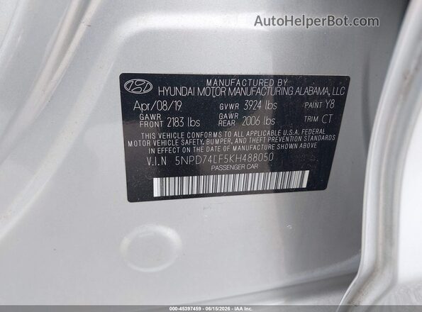 5NPD74LF5KH488050 2019 HYUNDAI ELANTRA Silver Engine compartment view
