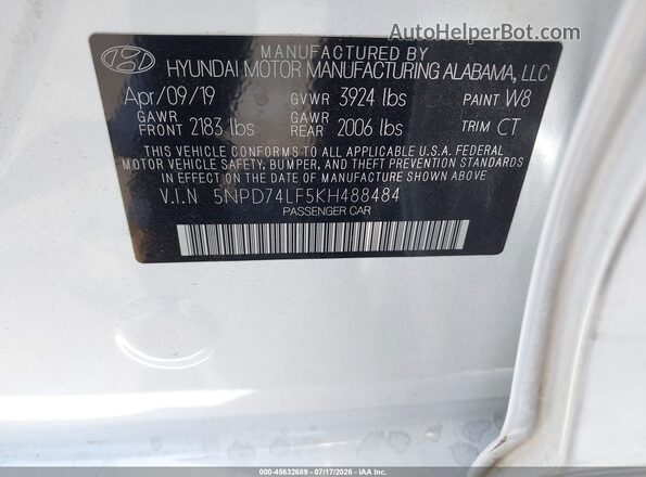 5NPD74LF5KH488484 2019 HYUNDAI ELANTRA White Engine compartment view
