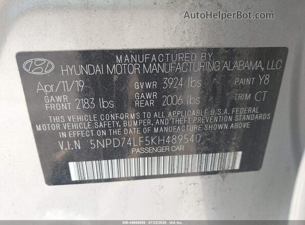 5NPD74LF5KH489540 2019 HYUNDAI ELANTRA Silver Vista del compartimento del motor