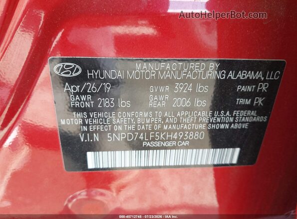5NPD74LF5KH493880 2019 HYUNDAI ELANTRA Red Vista del compartimento del motor