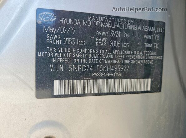 5NPD74LF5KH495922 2019 HYUNDAI ELANTRA Silver Շարժիչի բաժամունքի տեսք