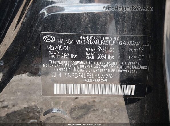 5NPD74LF5LH595262 2020 HYUNDAI ELANTRA Black Вид підкапотного простору