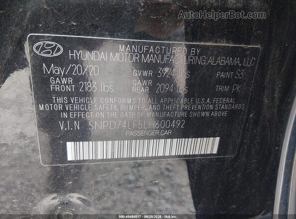 5NPD74LF5LH600492 2020 HYUNDAI ELANTRA Black Engine compartment view
