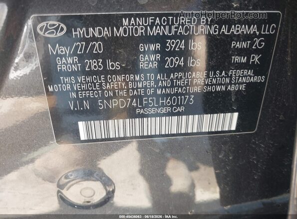 5NPD74LF5LH601173 2020 HYUNDAI ELANTRA Gray ძრავის განყოფილების ხედი