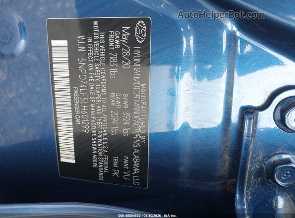 5NPD74LF5LH601299 2020 HYUNDAI ELANTRA Blue Widok komory silnika