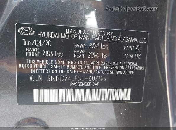 5NPD74LF5LH602145 2020 HYUNDAI ELANTRA Gray Vista del compartimento del motor