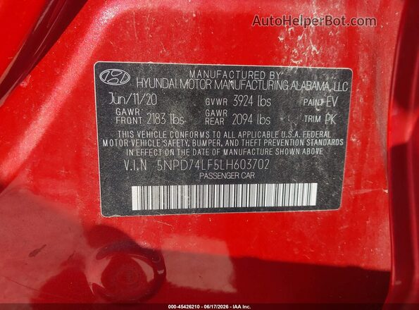 5NPD74LF5LH603702 2020 HYUNDAI ELANTRA Красный Вид подкапотного пространства