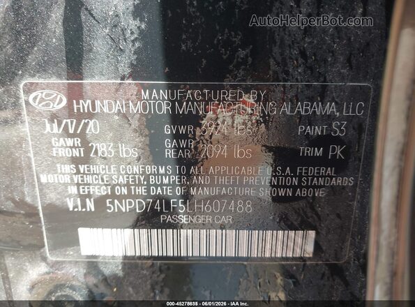 5NPD74LF5LH607488 2020 HYUNDAI ELANTRA Black Engine compartment view