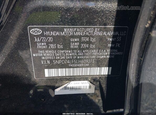 5NPD74LF5LH609273 2020 HYUNDAI ELANTRA Black ძრავის განყოფილების ხედი