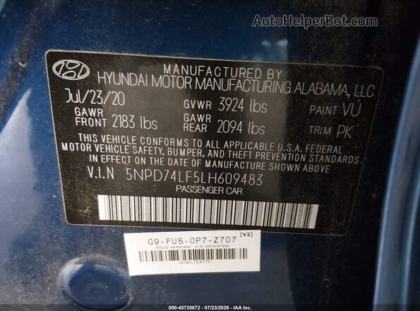 5NPD74LF5LH609483 2020 HYUNDAI ELANTRA Blue Vista del compartimento del motor
