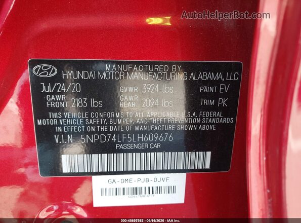 5NPD74LF5LH609676 2020 HYUNDAI ELANTRA Red Widok komory silnika