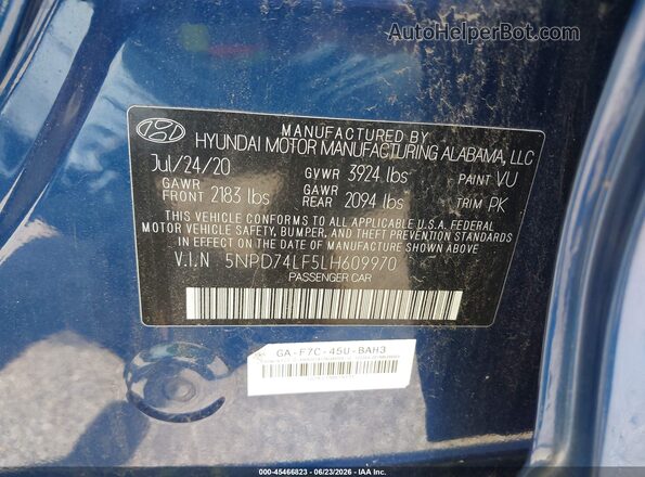 5NPD74LF5LH609970 2020 HYUNDAI ELANTRA Blue Engine compartment view