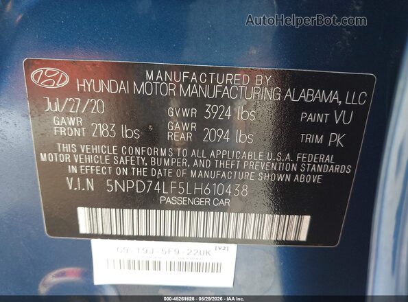 5NPD74LF5LH610438 2020 HYUNDAI ELANTRA Blue Engine compartment view