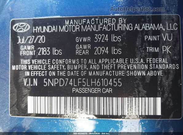 5NPD74LF5LH610455 2020 HYUNDAI ELANTRA Blue Engine compartment view