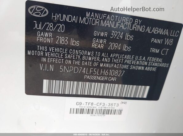 5NPD74LF5LH610827 2020 HYUNDAI ELANTRA Белый Вид подкапотного пространства