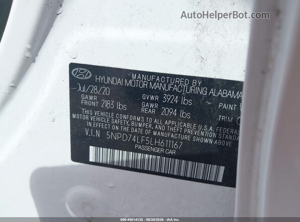 5NPD74LF5LH611167 2020 HYUNDAI ELANTRA White ძრავის განყოფილების ხედი
