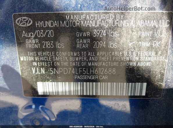 5NPD74LF5LH612688 2020 HYUNDAI ELANTRA Blue Widok komory silnika