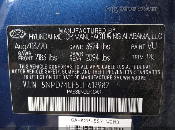 5NPD74LF5LH612982 2020 HYUNDAI ELANTRA Blue Vista del compartimento del motor