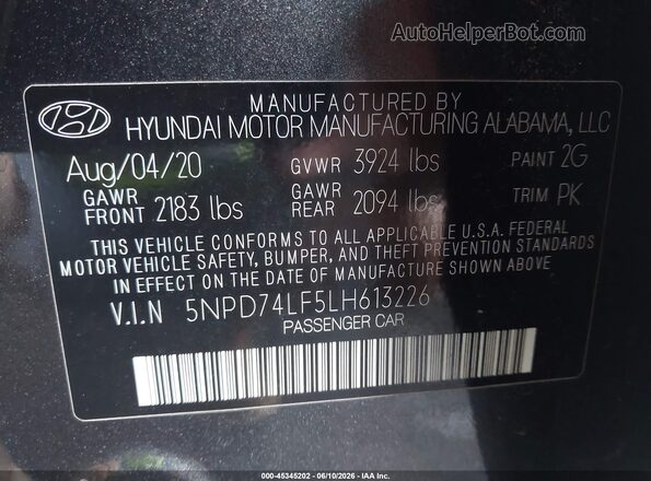 5NPD74LF5LH613226 2020 HYUNDAI ELANTRA Gray Vista del compartimento del motor