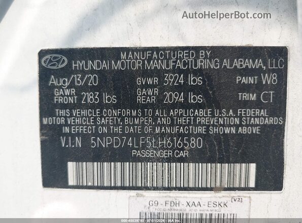 5NPD74LF5LH616580 2020 HYUNDAI ELANTRA White Շարժիչի բաժամունքի տեսք