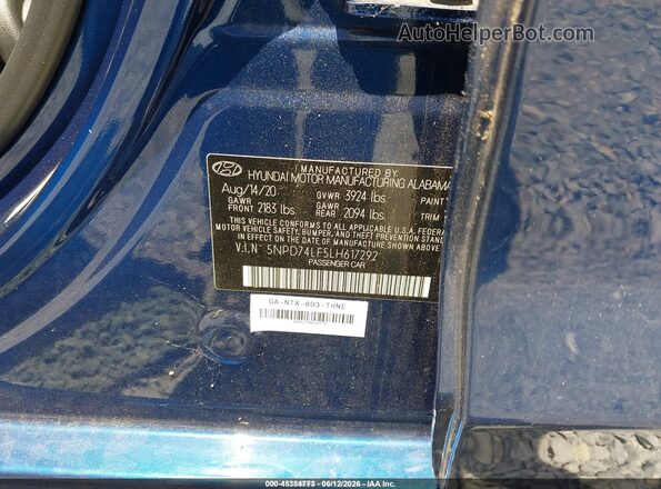 5NPD74LF5LH617292 2020 HYUNDAI ELANTRA Blue Вид підкапотного простору