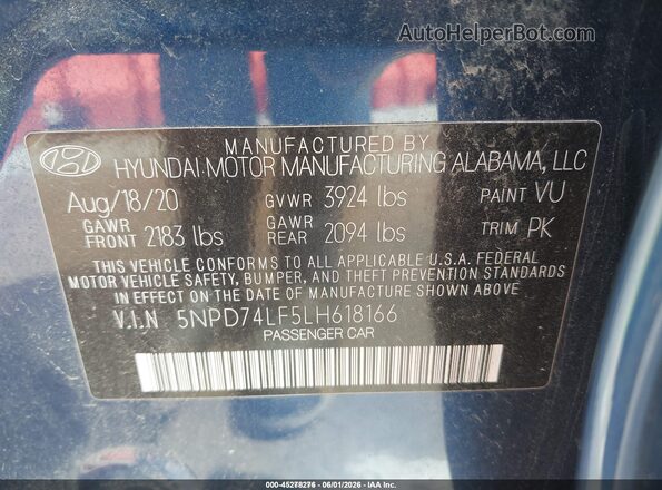 5NPD74LF5LH618166 2020 HYUNDAI ELANTRA Blue Engine compartment view