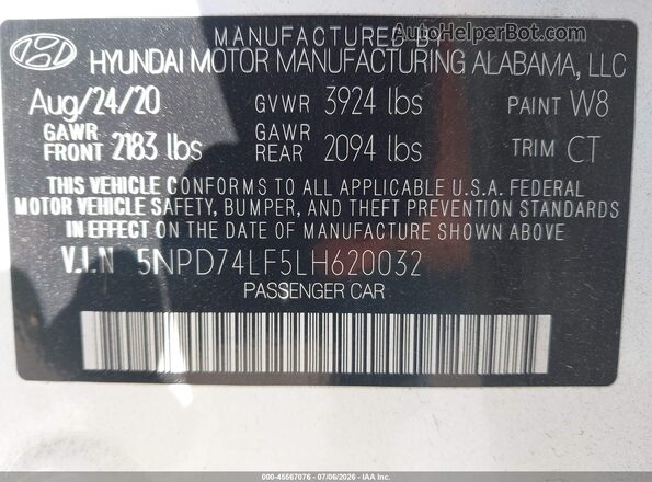 5NPD74LF5LH620032 2020 HYUNDAI ELANTRA White Engine compartment view