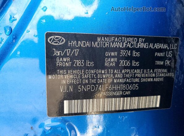 5NPD74LF6HH180605 2017 HYUNDAI ELANTRA Blue Vista de la etiqueta del VIN
