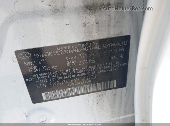 5NPD74LF6HH212730 2017 HYUNDAI ELANTRA White Engine compartment view