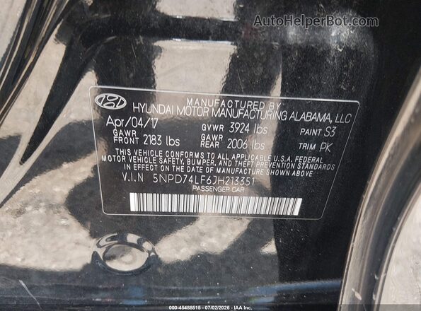 5NPD74LF6JH213351 2018 HYUNDAI ELANTRA Черный Вид подкапотного пространства