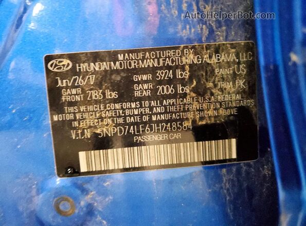 5NPD74LF6JH248584 2018 HYUNDAI ELANTRA Синий Вид наклейки с VIN-кодом