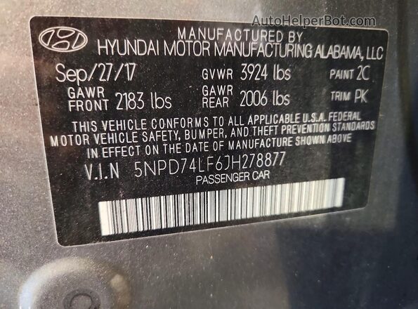 5NPD74LF6JH278877 2018 HYUNDAI ELANTRA Gray Вид підкапотного простору