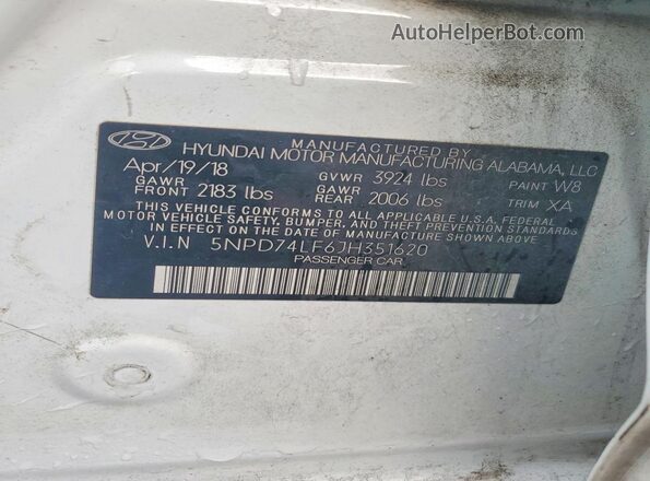 5NPD74LF6JH351620 2018 HYUNDAI ELANTRA White ძრავის განყოფილების ხედი