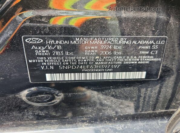 5NPD74LF6JH397397 2018 HYUNDAI ELANTRA Black ძრავის განყოფილების ხედი