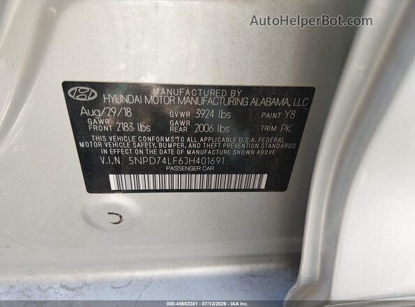 5NPD74LF6JH401691 2018 HYUNDAI ELANTRA Silver Շարժիչի բաժամունքի տեսք